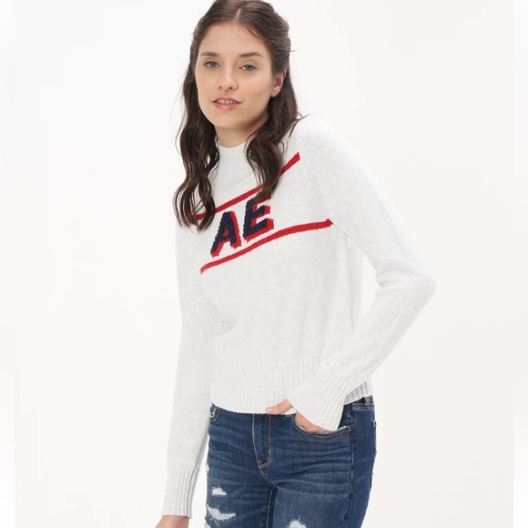 American Eagle Logo Smiley Face Graphic Mock Neck Sweater - Picture 2 of 5